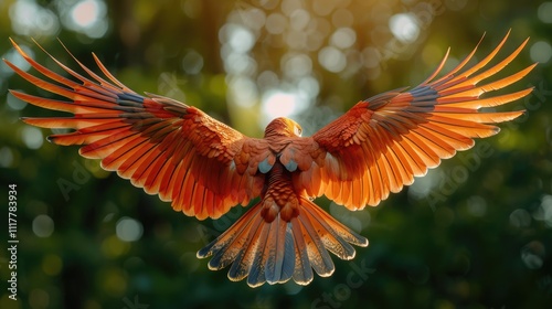 A red bird in flight with its wings spread, perfect for use in illustrations about freedom, adventure or wildlife photo