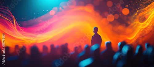 Silhouette of a speaker addressing a crowd against a colorful abstract background. photo