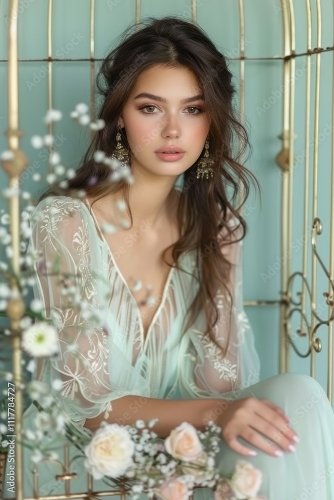 Fototapeta premium Woman in a delicate gown sits inside a golden cage surrounded by flowers. Concept of elegance and beauty in a serene setting. For fashion photo themes