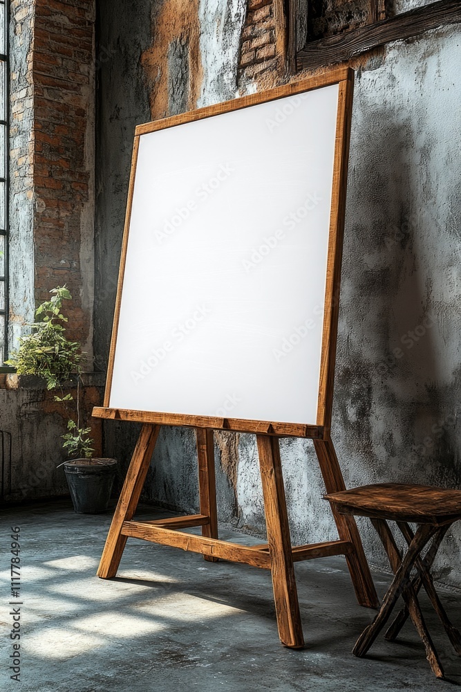 An artist's easel with a blank white board, ready for creative work An artist's easel with a blank white board, ready for creative work