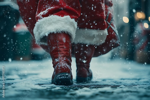 Close-up of Santa's Red Boots Crunching Through the Snow for Holiday Magic photo