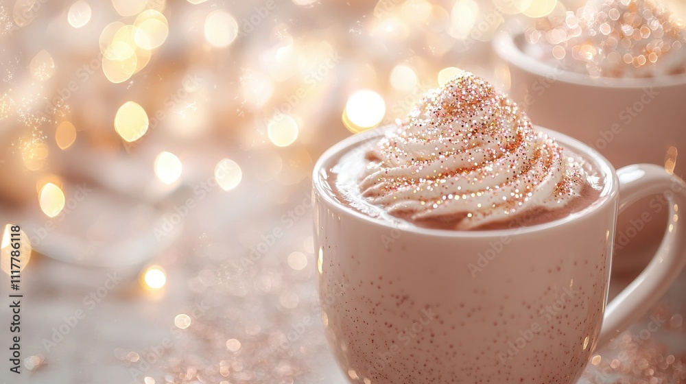 A cozy cup of hot chocolate topped with whipped cream and sprinkles, surrounded by soft, glowing lights, creating a warm, festive atmosphere. A cozy cup of hot chocolate topped with whipped cream and sprinkles, surrounded by soft, glowing lights, creating a warm, festive atmosphere.