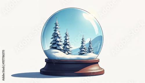 A beautifully illustrated snow globe featuring snowy trees against a serene winter landscape. AI generated