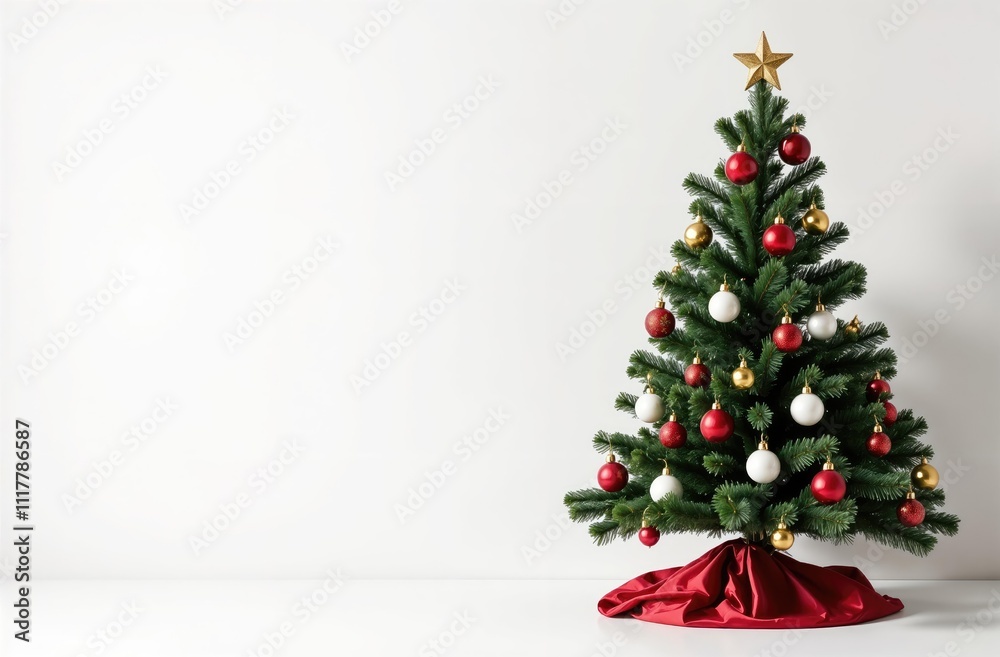 Minimalist Christmas tree on a plain white background, decorated with red, gold, and white baubles. The festive tree is topped with a gold star and features a red fabric base covering. Minimalist Christmas tree on a plain white background, decorated with red, gold, and white baubles. The festive tree is topped with a gold star and features a red fabric base covering.