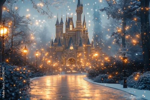 Magical View of a Castle Surrounded by Glittering Snow for a Winter Fairytale photo