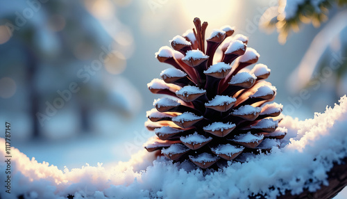 A close-up image of a pinecone dusted with snow set against a soft, wintry background. The tranquil scene captures the essence of winter beauty. AI generated