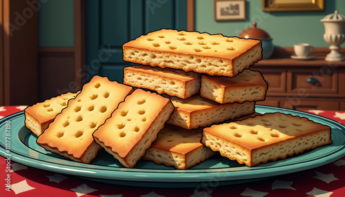 A beautifully arranged stack of golden-brown cookies on a blue plate, set against a cozy kitchen background. AI generated