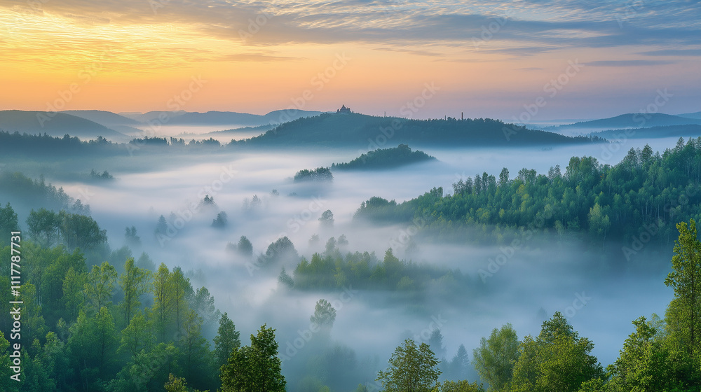 Fototapeta premium Mystic Foggy Forest Landscape