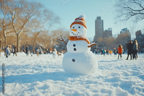 Playful Scene of Children Building Snowman in a Winter Wonderland photo