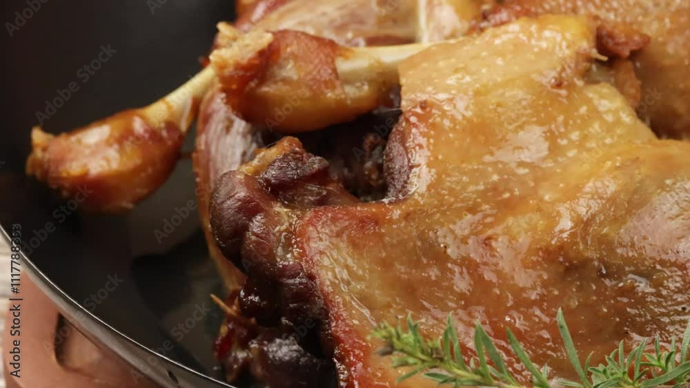 cuisses de canard confites, en cuisson, dans une poêle