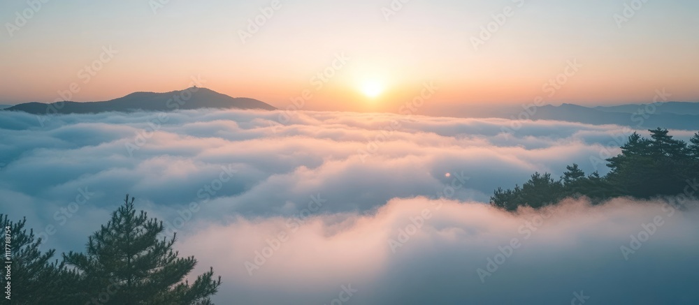 A stunning sunrise over a sea of clouds with the sun peeking through the clouds, casting a golden glow. A stunning sunrise over a sea of clouds with the sun peeking through the clouds, casting a golden glow.