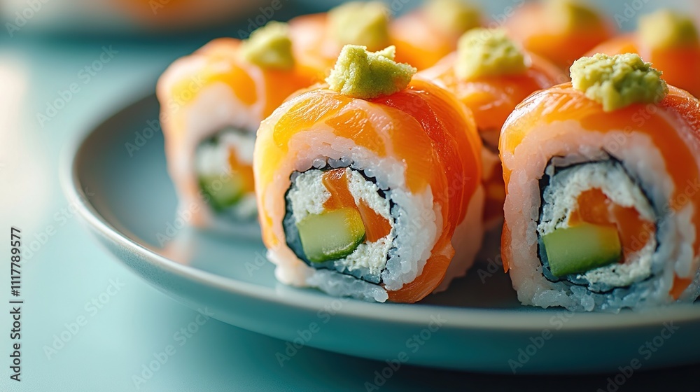 A close-up of sushi rolls garnished with wasabi on a plate, showcasing vibrant colors and textures. A close-up of sushi rolls garnished with wasabi on a plate, showcasing vibrant colors and textures.