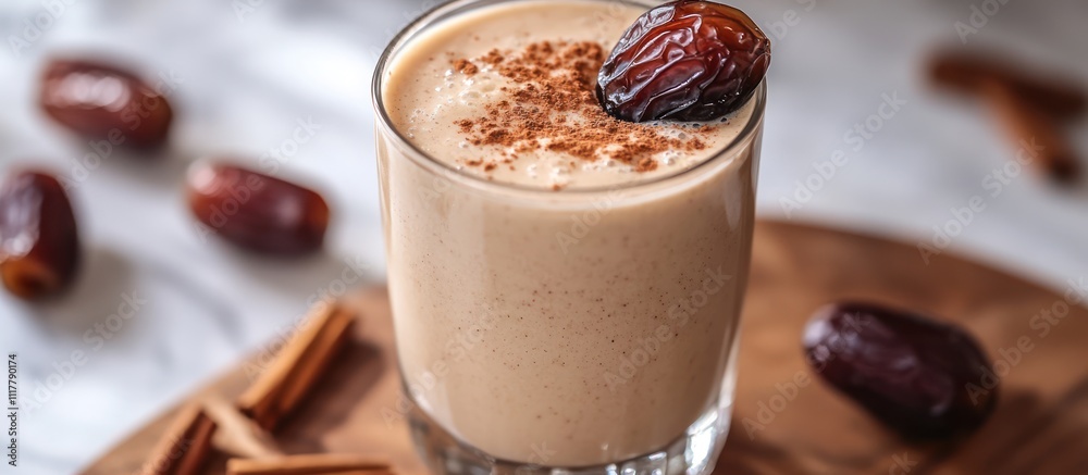Close-up of a creamy date smoothie topped with a date and cinnamon. Close-up of a creamy date smoothie topped with a date and cinnamon.