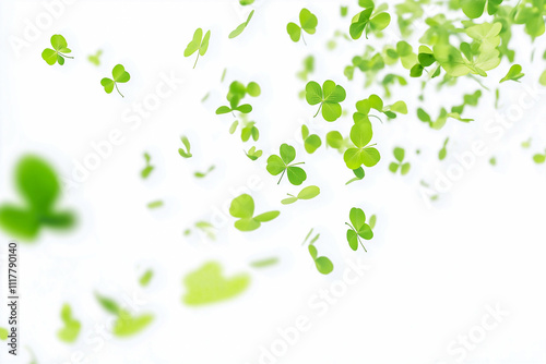 Clover shamrock vector irish pattern. Design of a postcard, banner, website. St Patrick day realistic green border for banner with leaf confetti.