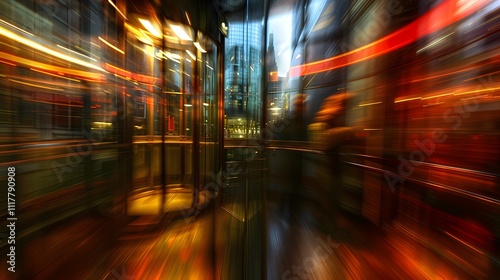 A blurred view of a modern elevator interior with city lights in the background.