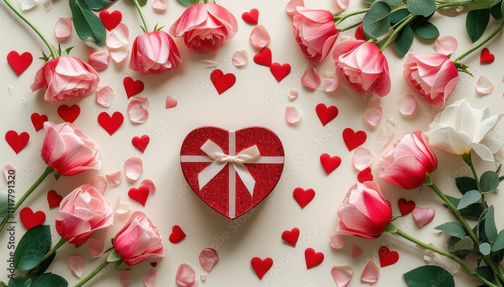 Romantic arrangement with pink roses and heart-shaped gift box on cream background with copy space