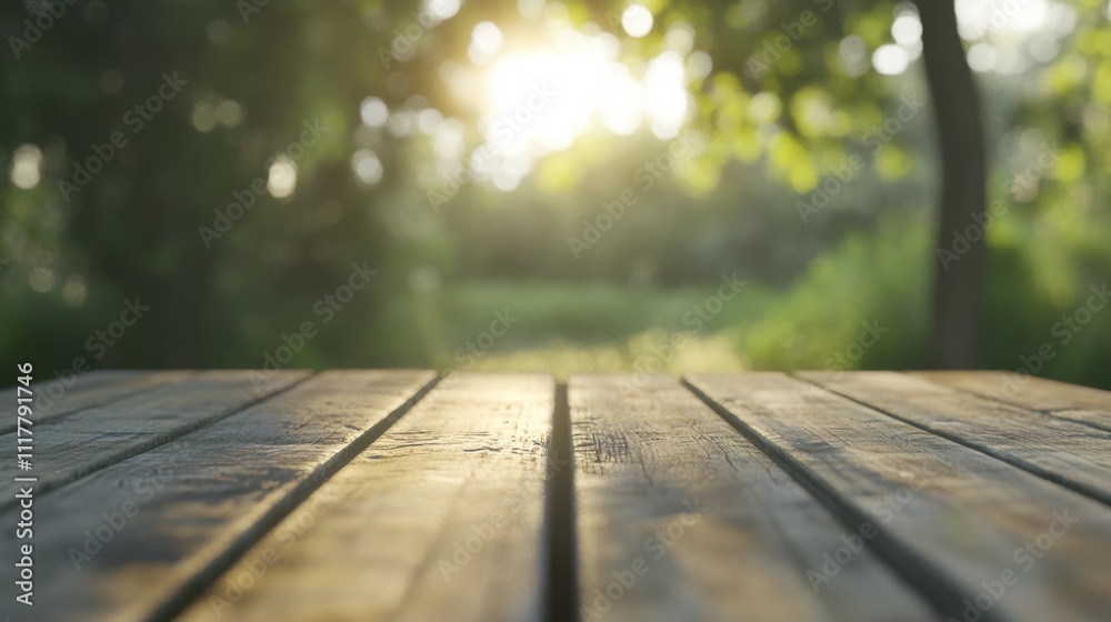 Sunlit Wooden Tabletop with Blurred Green Background. Sunlit Wooden Tabletop with Blurred Green Background.