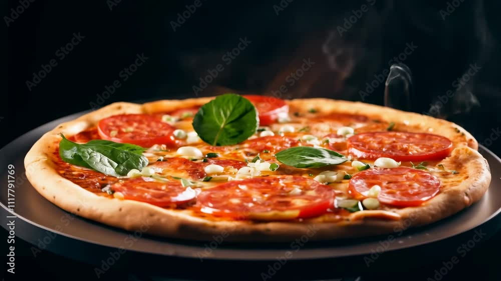 Fresh hot pizza on a dark background. This hot pizza, fresh from the oven, promises to satisfy every craving. Fresh hot pizza on a dark background. This hot pizza, fresh from the oven, promises to satisfy every craving.