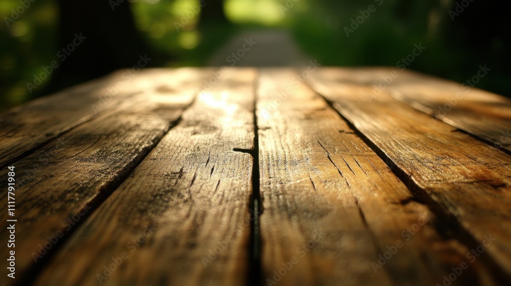Sunlit Rustic Wooden Tabletop in Forest Setting. Sunlit Rustic Wooden Tabletop in Forest Setting.