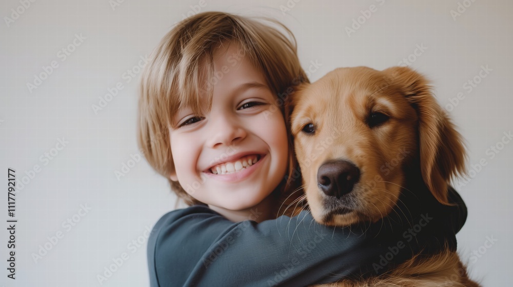 Happy child hugging golden retriever puppy Happy child hugging golden retriever puppy