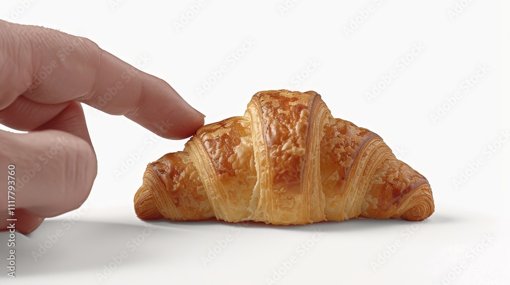 A hand grasping a croissant on a clean white background, highlighting the pastry in focus A hand grasping a croissant on a clean white background, highlighting the pastry in focus