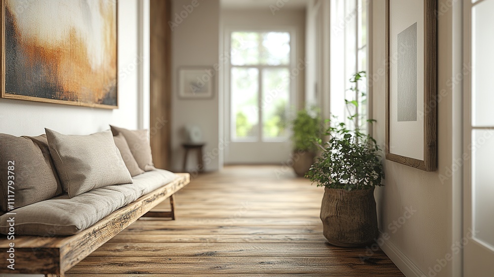 Bright minimalist hallway with wooden bench, cozy cushions, potted plants, and natural light streaming through large windows Bright minimalist hallway with wooden bench, cozy cushions, potted plants, and natural light streaming through large windows