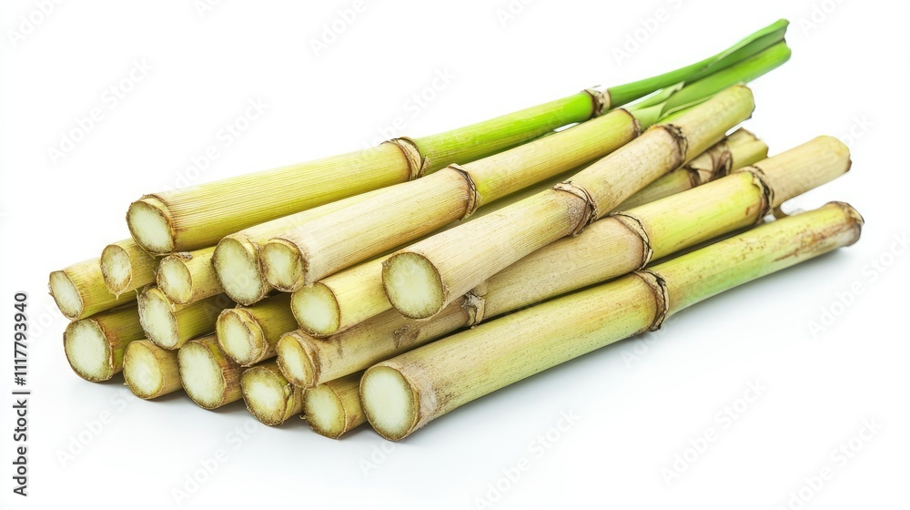 Natural sugarcane stems piled up neatly on a plain white background, vibrant green accents Natural sugarcane stems piled up neatly on a plain white background, vibrant green accents