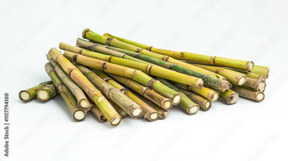 Natural sugarcane stems piled up neatly on a plain white background, vibrant green accents Natural sugarcane stems piled up neatly on a plain white background, vibrant green accents
