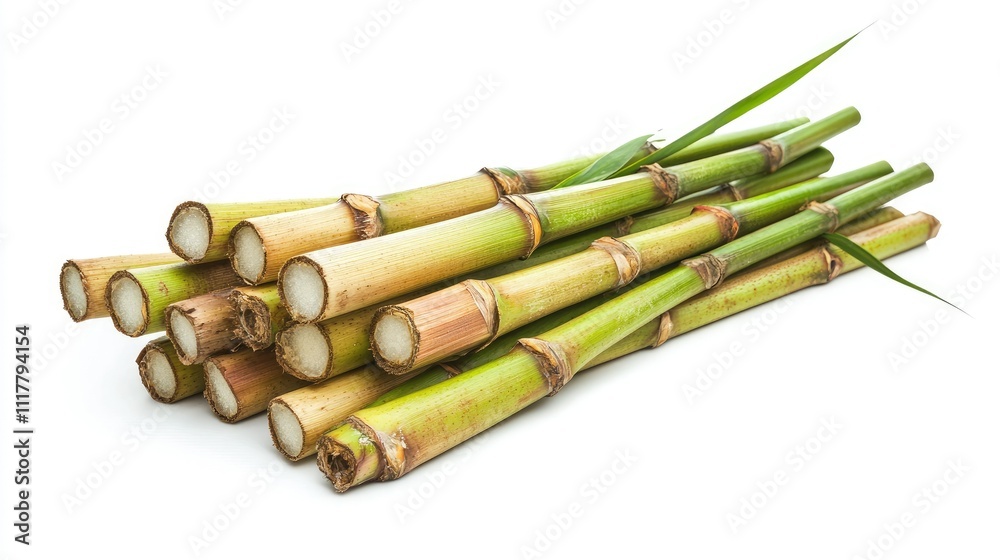 Natural sugarcane stems piled up neatly on a plain white background, vibrant green accents Natural sugarcane stems piled up neatly on a plain white background, vibrant green accents