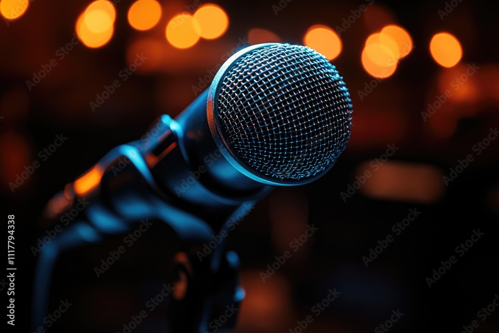 A microphone surrounded by a blurred background, perfect for music or audio-related concepts A microphone surrounded by a blurred background, perfect for music or audio-related concepts