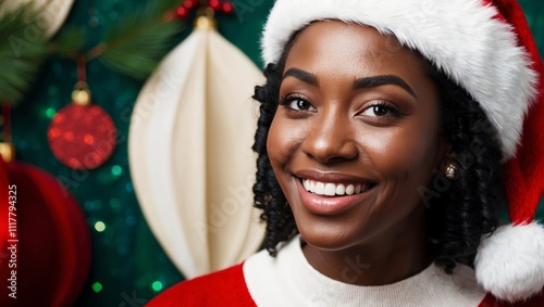 close up of young black woman smiling with santa claus hat background in christmas colors