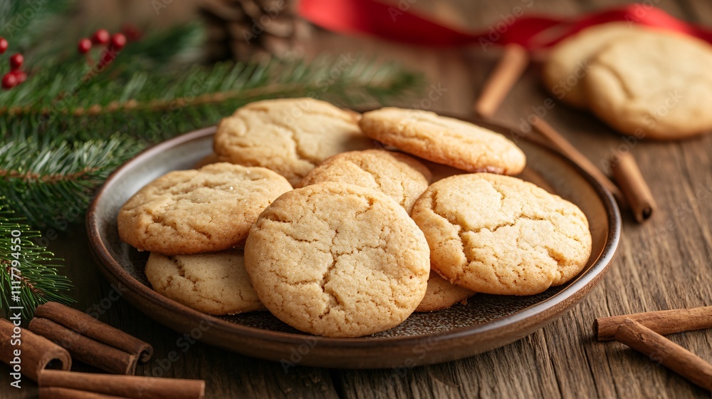 A plate of cookies placed on a rustic table with holiday decorations, including pine branches, cinnamon sticks, and red ribbons A plate of cookies placed on a rustic table with holiday decorations, including pine branches, cinnamon sticks, and red ribbons