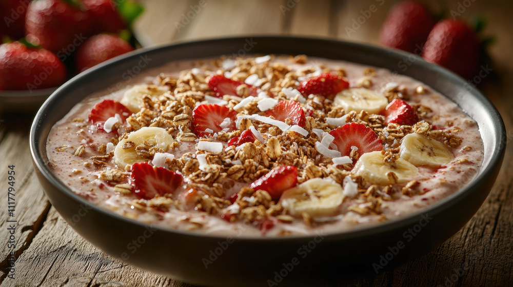 Delicious smoothie bowl topped with granola, strawberries, and bananas Delicious smoothie bowl topped with granola, strawberries, and bananas