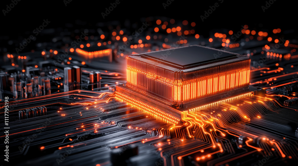 glowing microchip on circuit board with intricate connections and patterns glowing microchip on circuit board with intricate connections and patterns