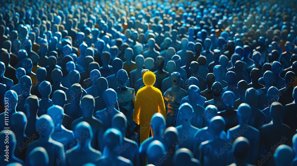 Obraz premium Embracing individuality a yellow figure shining amidst blue figures in a diverse crowd