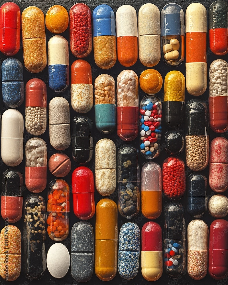 Colorful capsules and pills in various shapes and sizes, arranged in a close-up view, pharmaceutical concept background Colorful capsules and pills in various shapes and sizes, arranged in a close-up view, pharmaceutical concept background