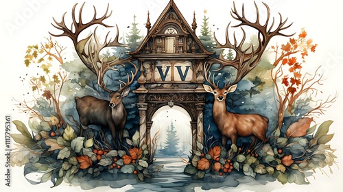 Two majestic deer flank an ornate archway in an autumnal forest scene, creating a mystical and enchanting atmosphere.