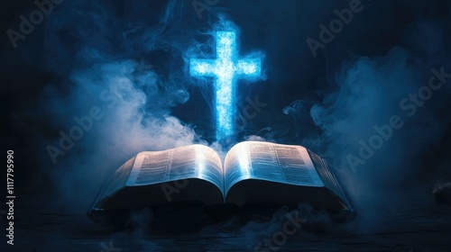 Open Holy Bible with a glowing blue cross above it, surrounded by soft sun rays and rising smoke, against a dark gradient