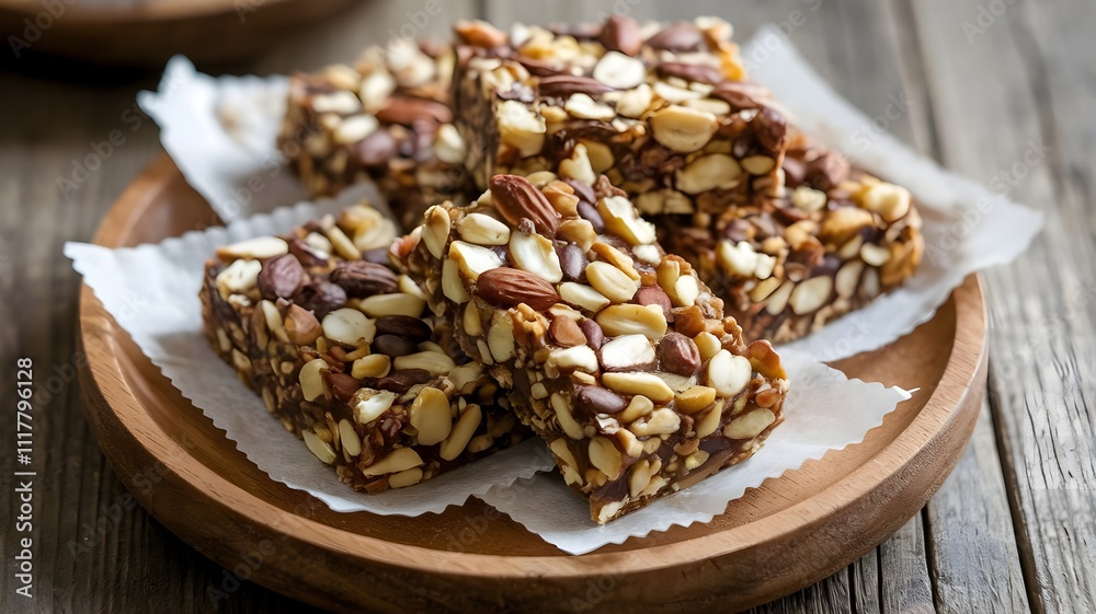 Fototapeta premium Healthy jaggery energy bars with nuts and seeds, wrapped in parchment paper, arranged on a wooden plate with natural backdrop