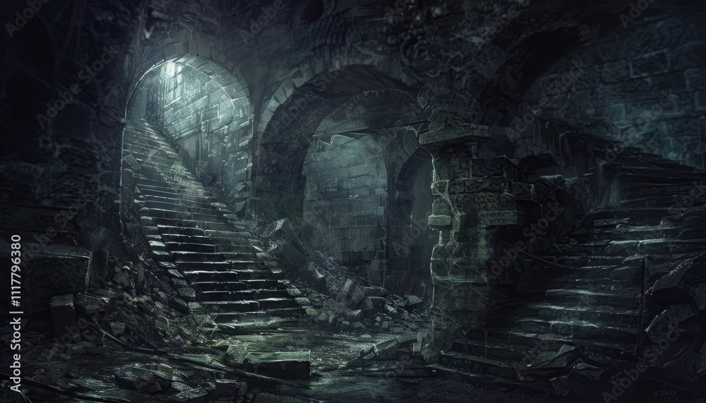 Fototapeta premium Dark Ruined Staircase Leading to Light