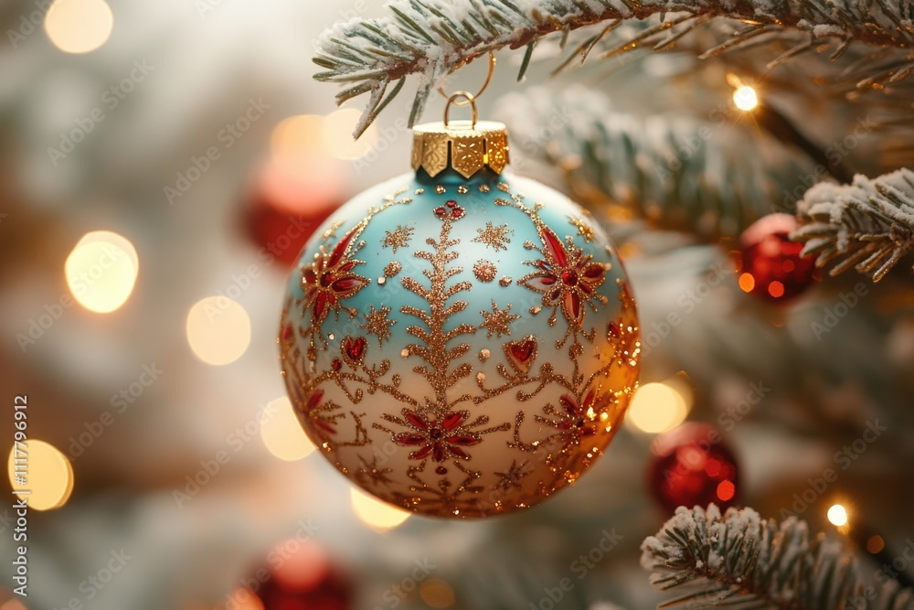 A Christmas ornament hangs from the branches of a decorated Christmas tree A Christmas ornament hangs from the branches of a decorated Christmas tree