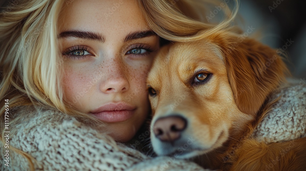 Close-up of woman with blonde hair embracing golden dog, warm knitted sweater, gentle and emotional atmosphere Close-up of woman with blonde hair embracing golden dog, warm knitted sweater, gentle and emotional atmosphere