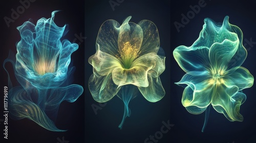 Bioluminescent Underwater Flower Realm Triptych: Surreal Marine-Inspired Flora in Deep Azure and Electric Teal, Promoting Ocean Conservation and Marine Science Publications. photo