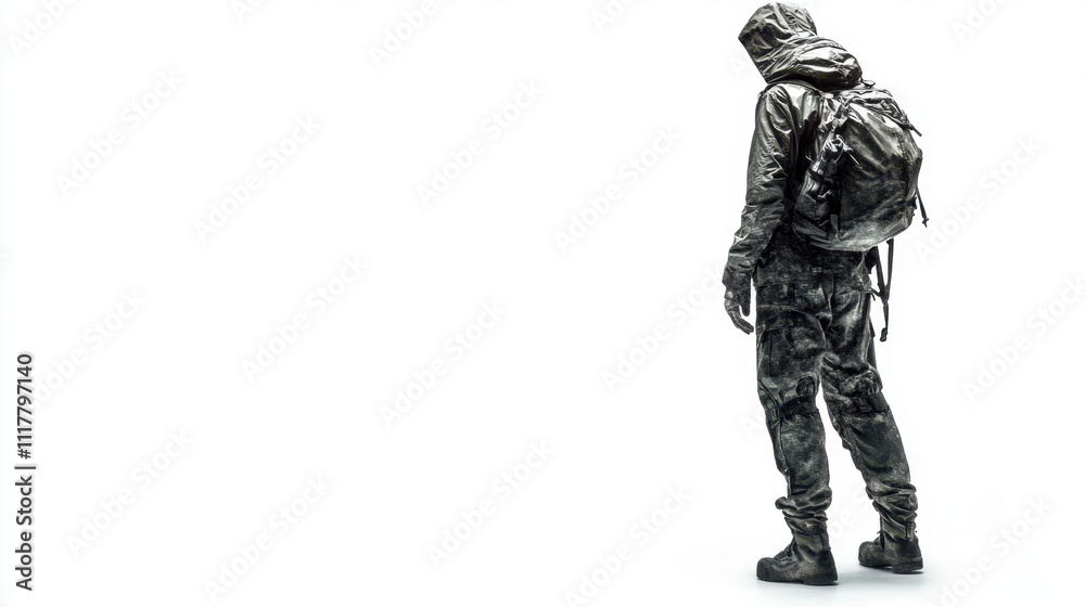 Camouflaged figure in outdoor gear against a stark white background, evoking mystery. Camouflaged figure in outdoor gear against a stark white background, evoking mystery.