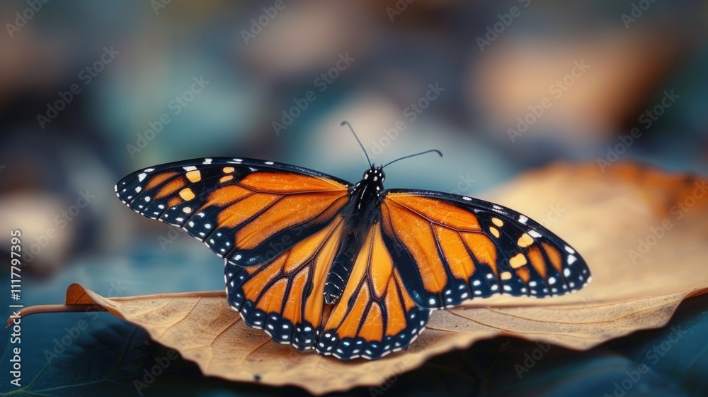 Fototapeta premium A monarch butterfly rests on a leaf in the sun