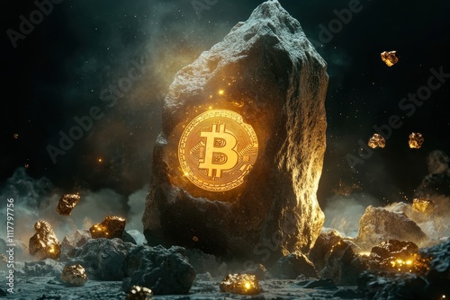 A large rock with a Bitcoin logo on it. The rock is surrounded by a lot of debris and rocks photo