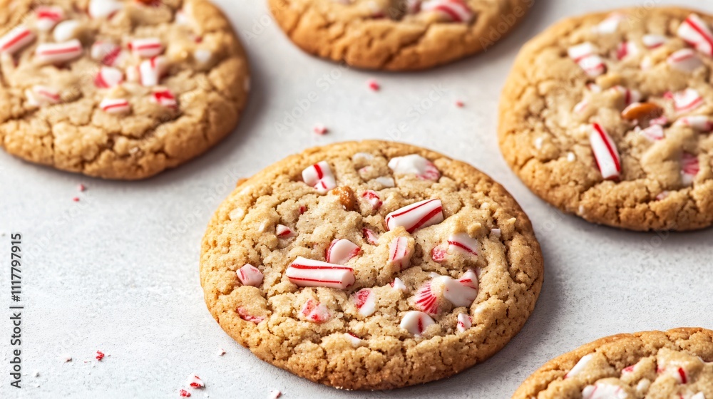 Close up of cookies with candy cane pieces embedded in the dough, isolated on a neutral gray background Close up of cookies with candy cane pieces embedded in the dough, isolated on a neutral gray background
