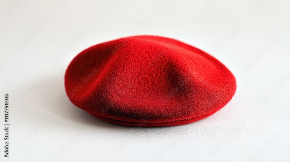 Red beret prop with vibrant tones, displayed in sharp focus against a neutral white background Red beret prop with vibrant tones, displayed in sharp focus against a neutral white background