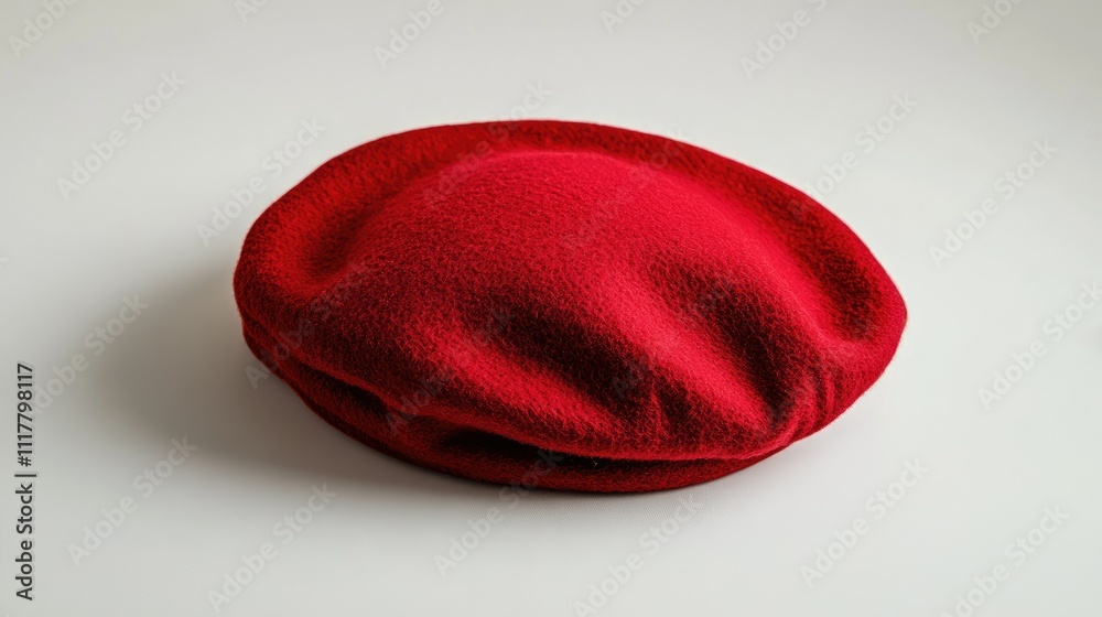 Red beret prop with vibrant tones, displayed in sharp focus against a neutral white background Red beret prop with vibrant tones, displayed in sharp focus against a neutral white background