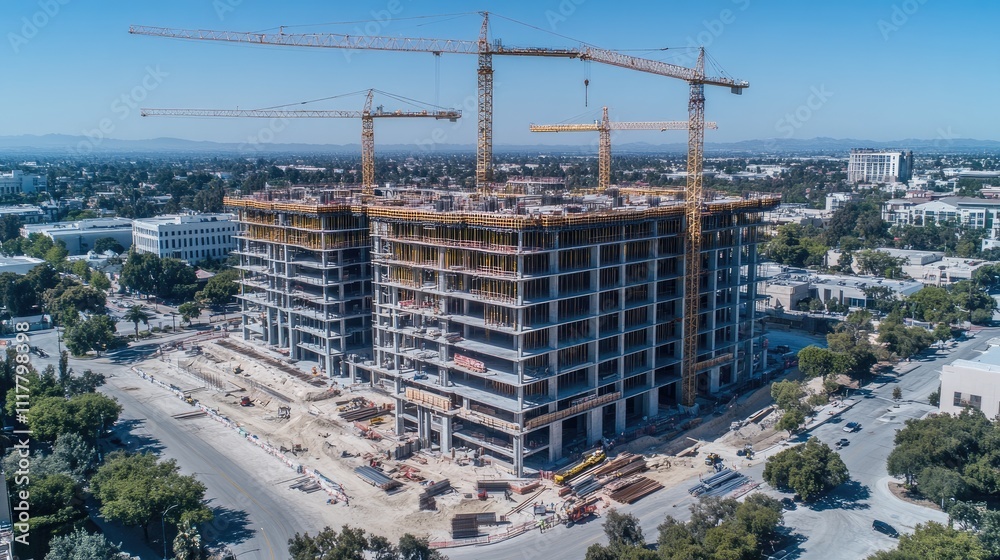 Modern Building Construction Site with Cranes and Equipment Modern Building Construction Site with Cranes and Equipment